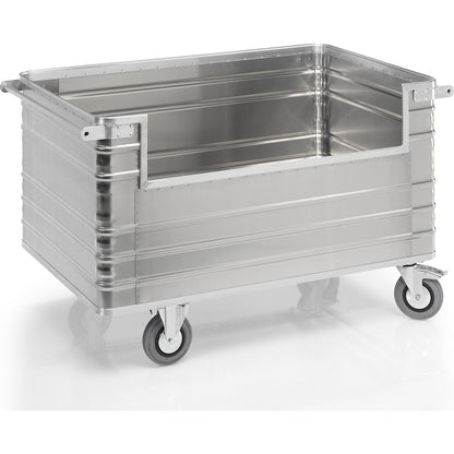 Aluminium container truck, with 1 cut-out on long side, push handle, external LxWxH 1680 x 930 x 970 mm.