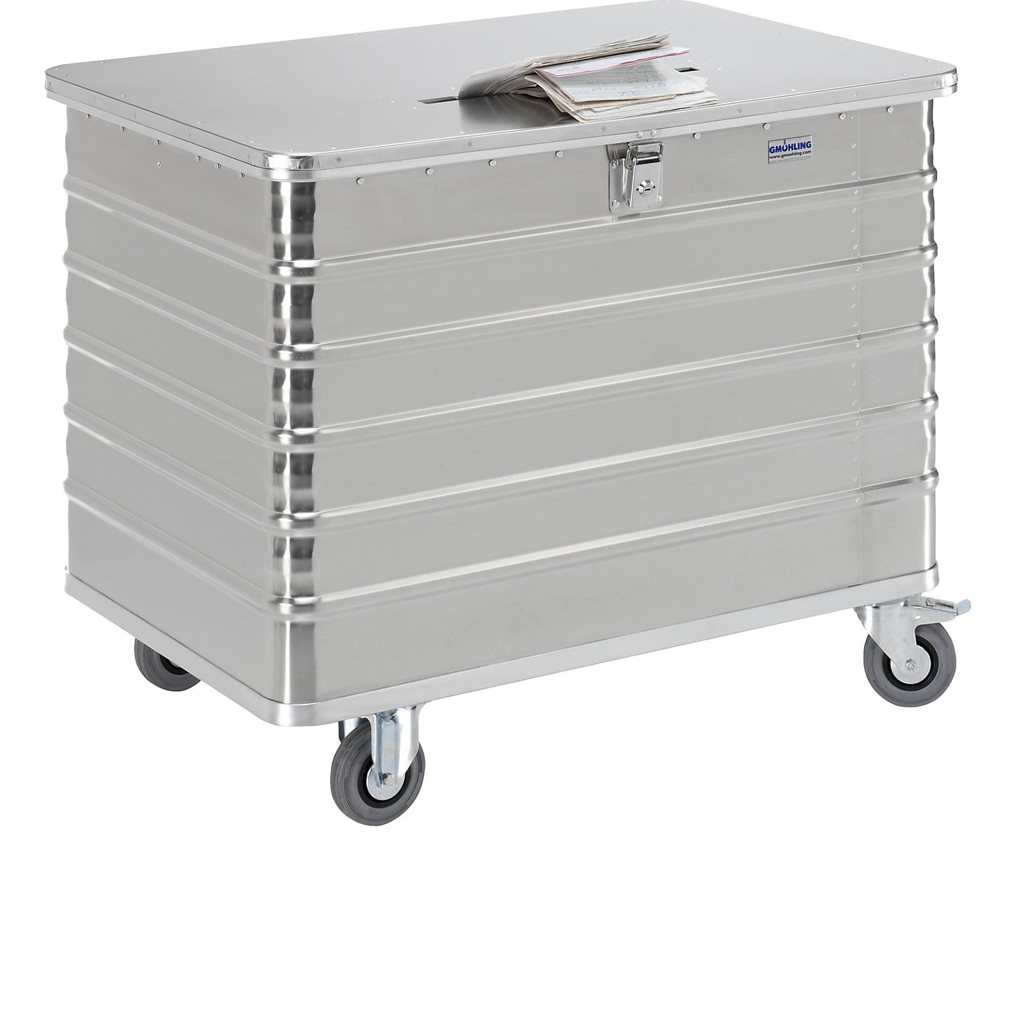 Container for document shredding, HxWxD 840 x 1050 x 700 mm, with deposit slot.