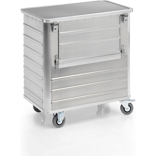 Aluminium container truck, drop gate on side panel, with cover, capacity 355 l.