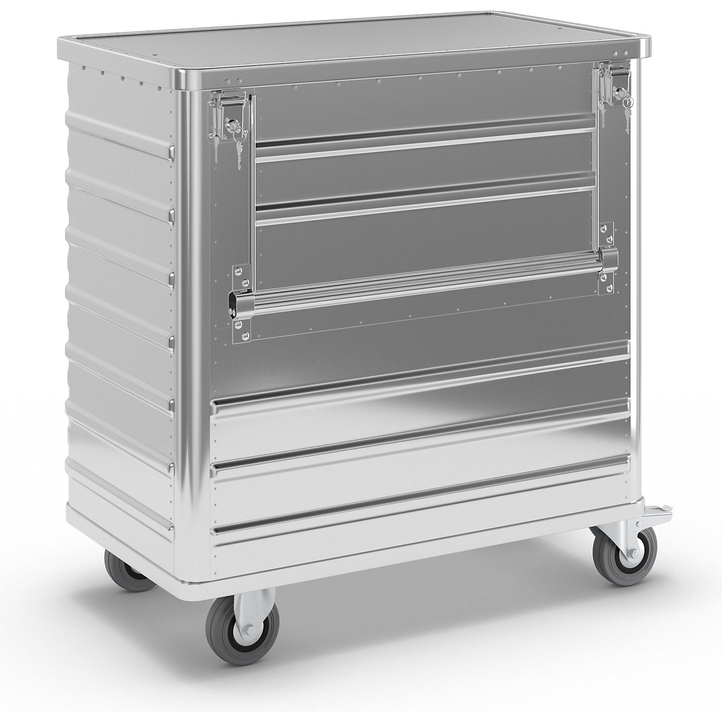 Aluminium container truck, drop gate on side panel, with cover, lockable, capacity 355 l.