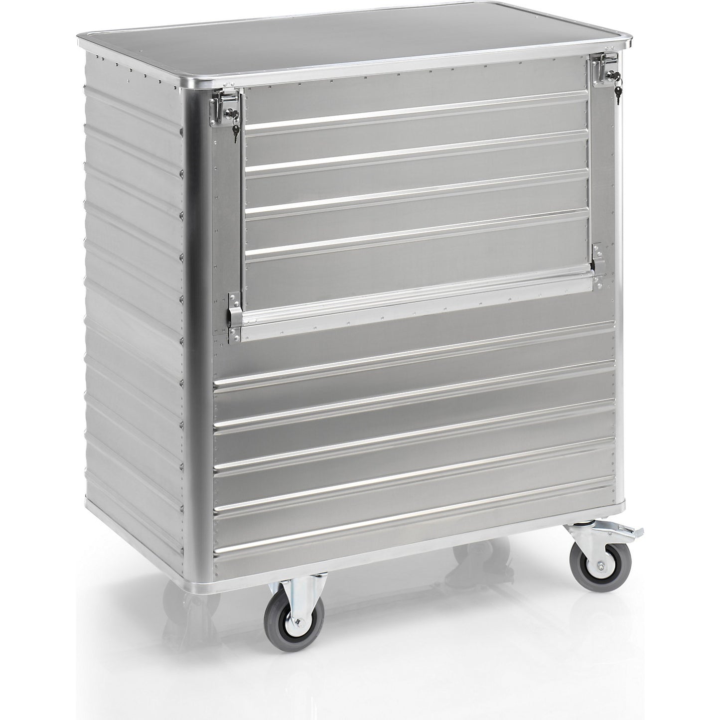 Aluminium container truck, drop gate on side panel, with cover, lockable, capacity 1050 l.