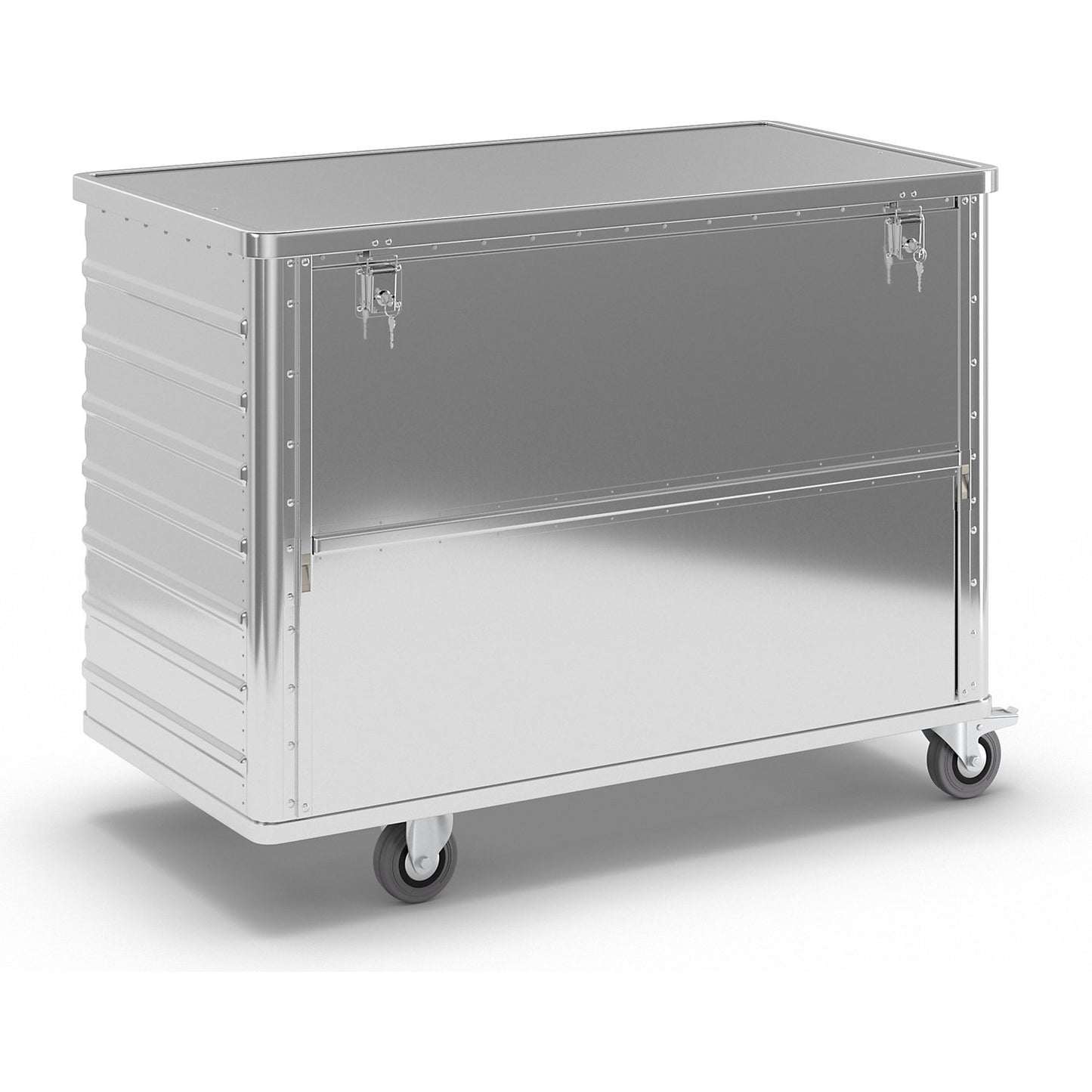 Aluminium container truck, fold down side panel, with cover, lockable, capacity 650 l.