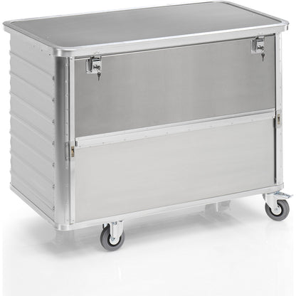 Aluminium container truck, fold down side panel, with cover, lockable, capacity 650 l.