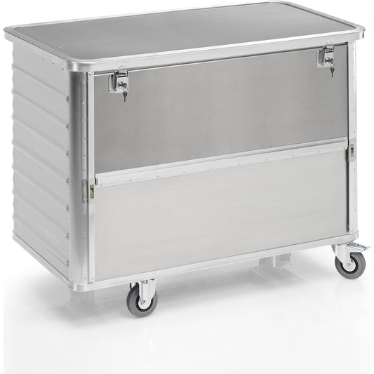 Aluminium container truck, fold down side panel, with cover, lockable, capacity 650 l.