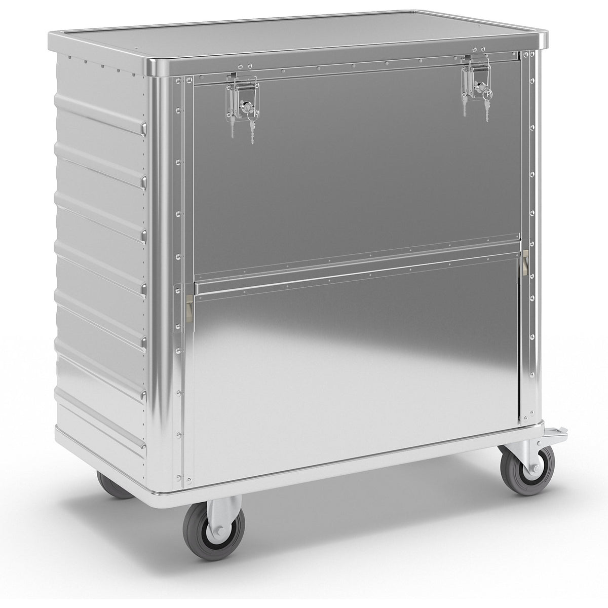 Aluminium container truck, fold down side panel, with cover, lockable, capacity 355 l.