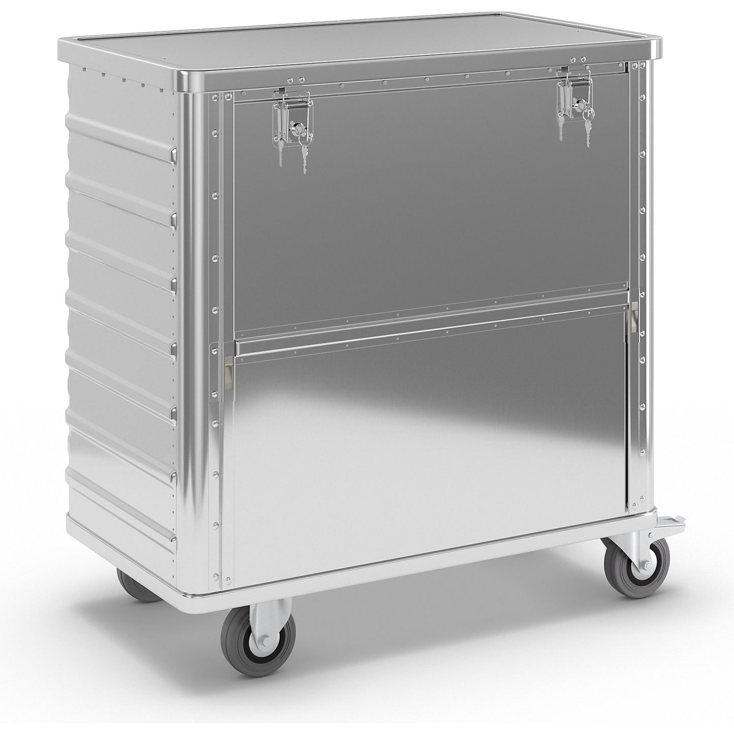 Aluminium container truck, fold down side panel, with cover, lockable, capacity 355 l.