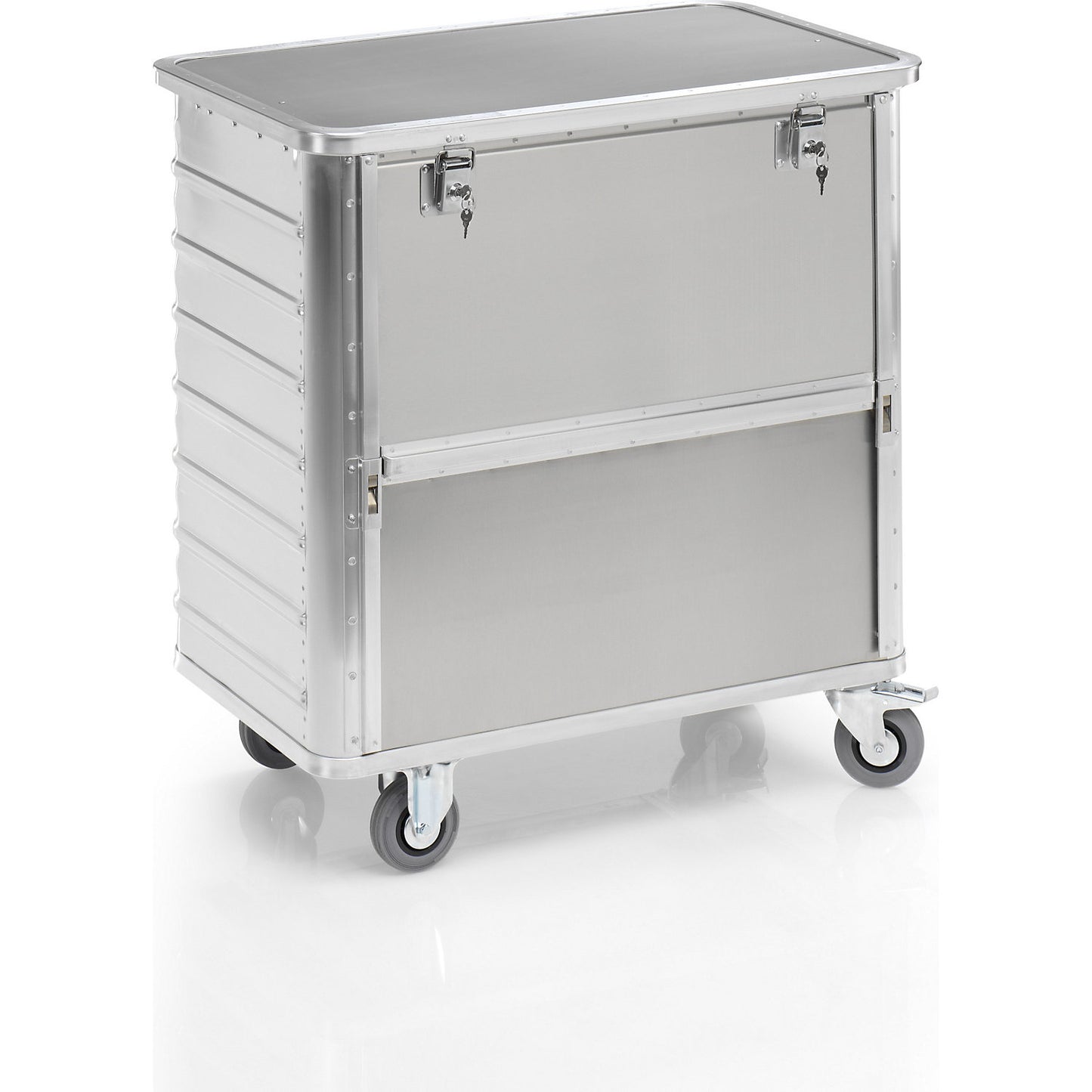 Aluminium container truck, fold down side panel, with cover, lockable, capacity 355 l.