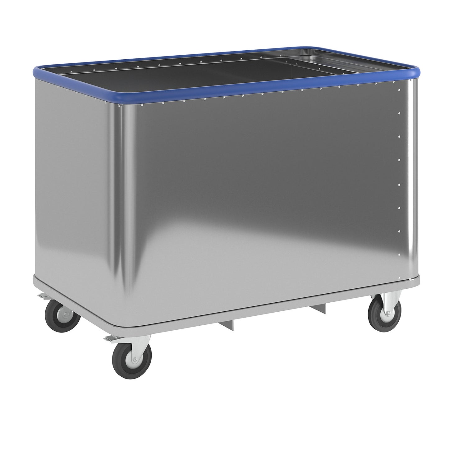 Aluminium spring loaded truck, external LxWxH 1115 x 690 x 855 mm, spring force 70 kg, 2 fixed castors and 2 swivel castors.