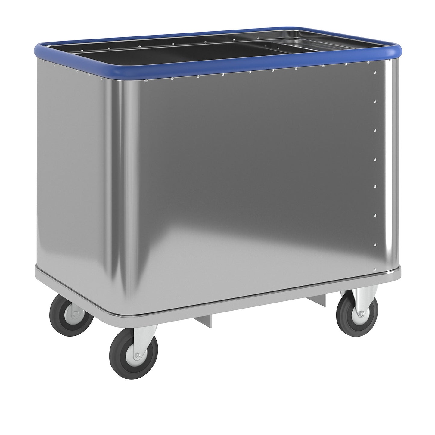 Aluminium spring loaded truck, external LxWxH 855 x 550 x 760 mm, spring force 50 kg, 4 swivel castors.