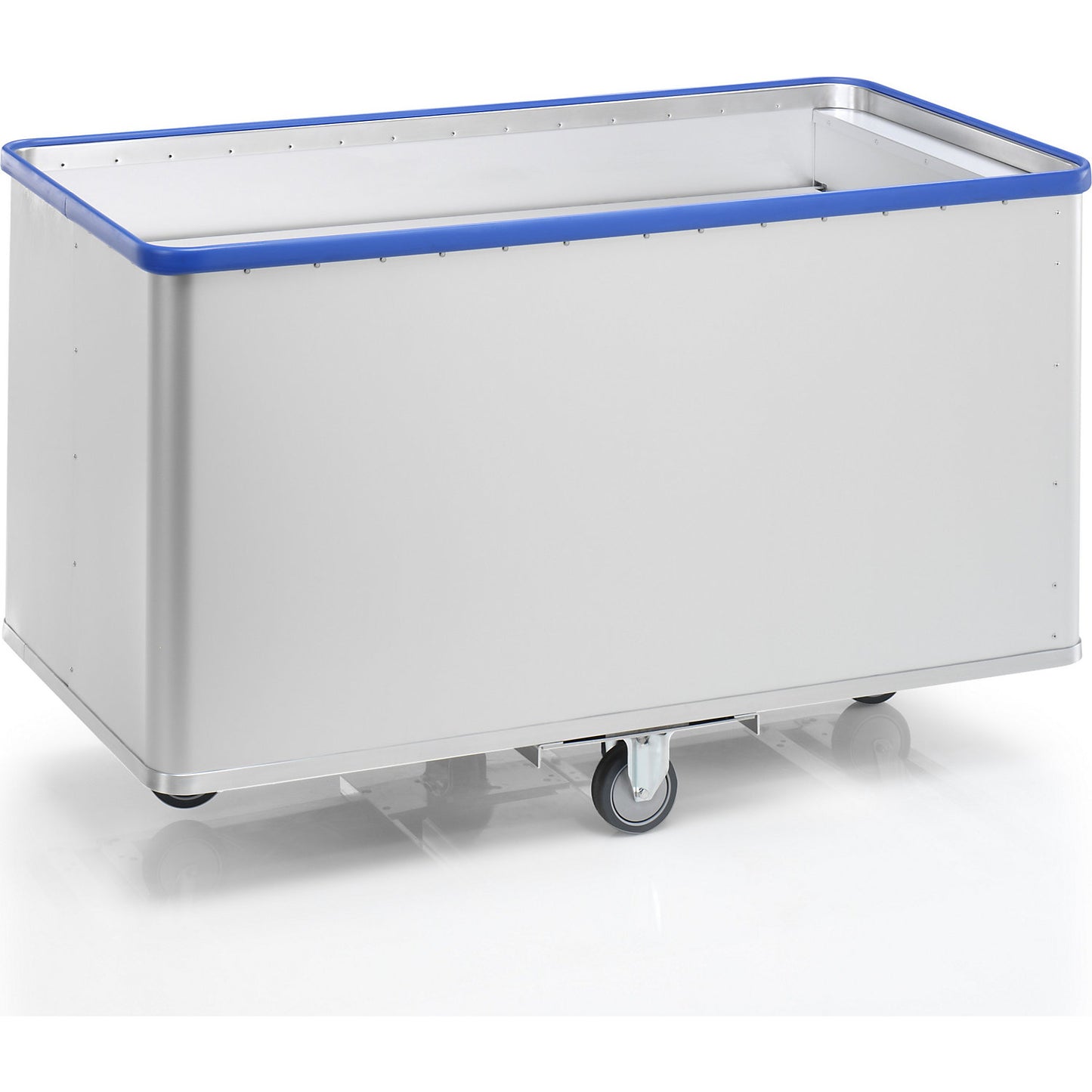 Aluminium spring loaded truck, external LxWxH 1515 x 740 x 905 mm, spring force 50 kg, 2 fixed castors and 2 swivel castors.