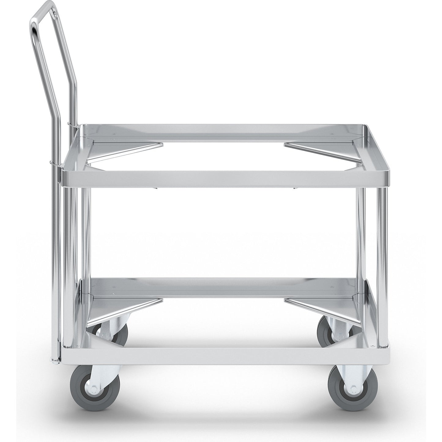 Aluminium dolly, loading height 440 mm, internal LxW 575 x 370 mm, with handle bar.