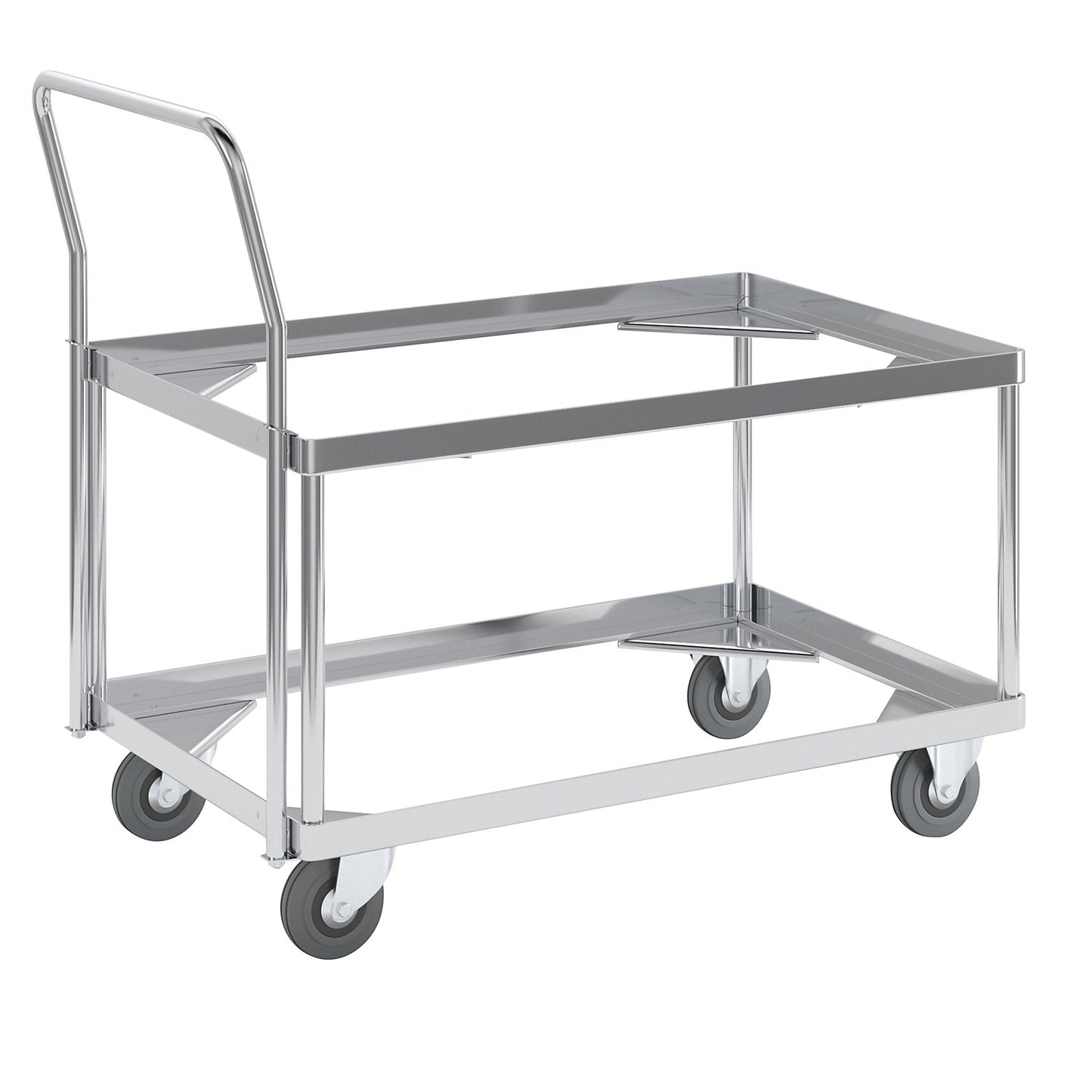 Aluminium dolly, loading height 440 mm, internal LxW 724 x 459 mm, with handle bar.