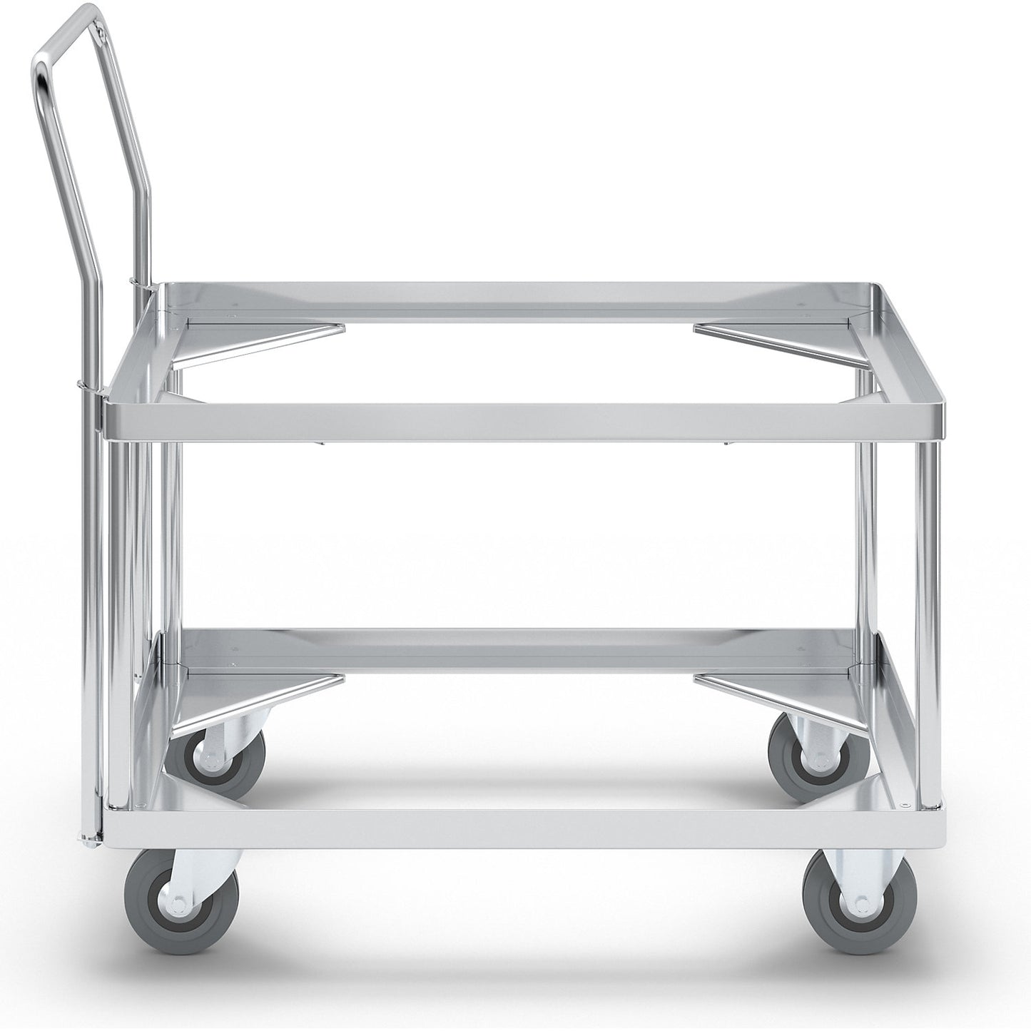 Aluminium dolly, loading height 440 mm, internal LxW 642 x 424 mm, with handle bar.