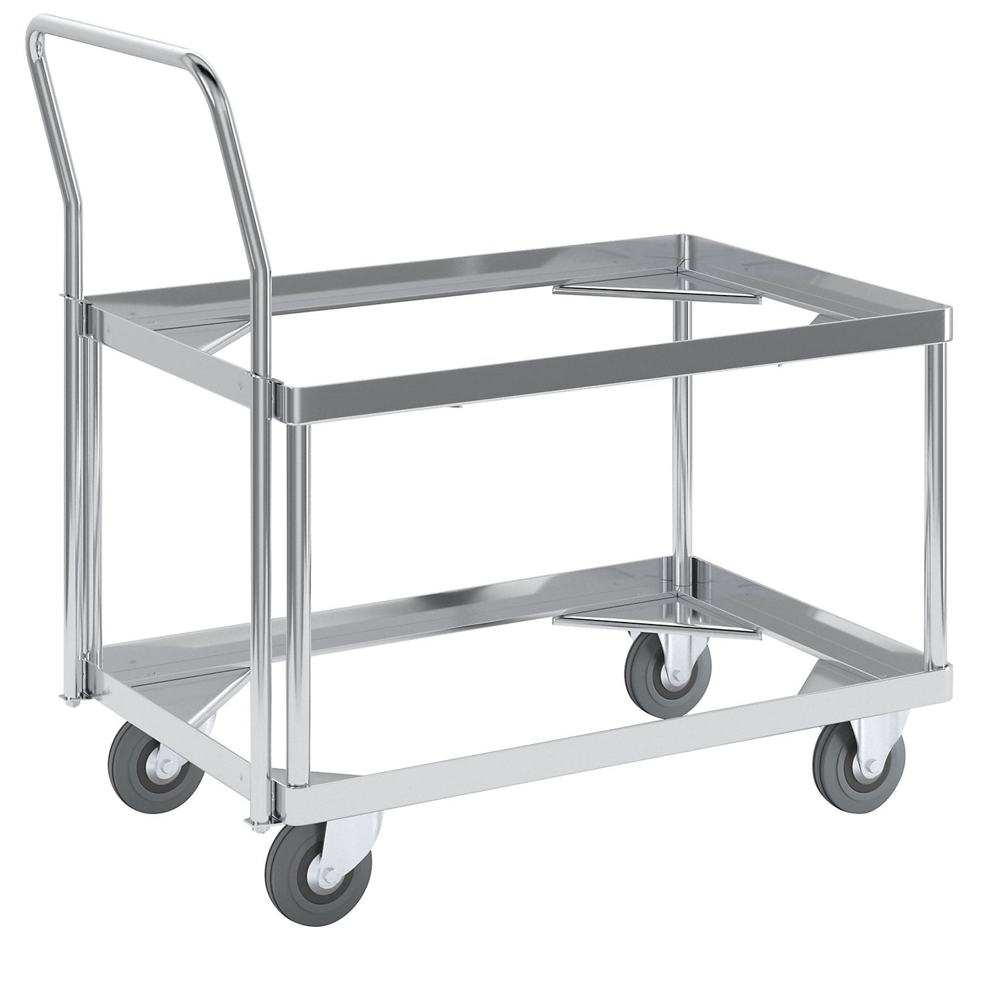 Aluminium dolly, loading height 440 mm, internal LxW 642 x 424 mm, with handle bar.