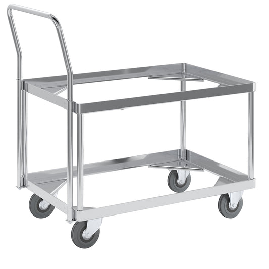 Aluminium dolly, loading height 440 mm, internal LxW 642 x 424 mm, with handle bar.