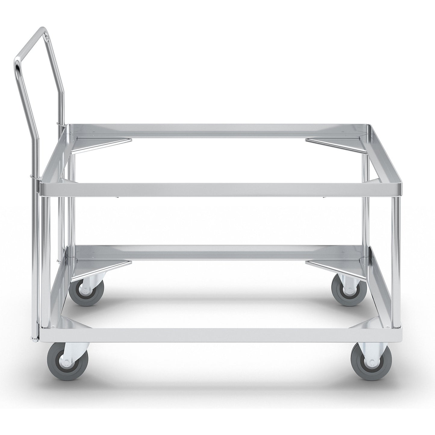 Aluminium dolly, loading height 440 mm, internal LxW 772 x 572 mm, with handle bar.