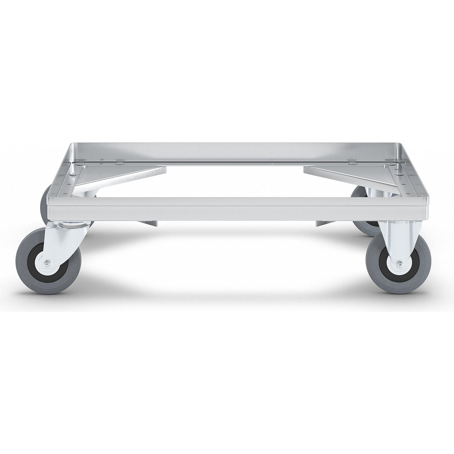 Aluminium dolly, loading height 150 mm, internal LxW 575 x 370 mm, without handle bar.