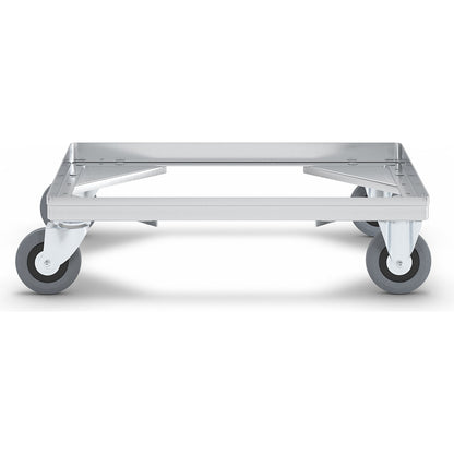 Aluminium dolly, loading height 150 mm, internal LxW 575 x 370 mm, without handle bar.