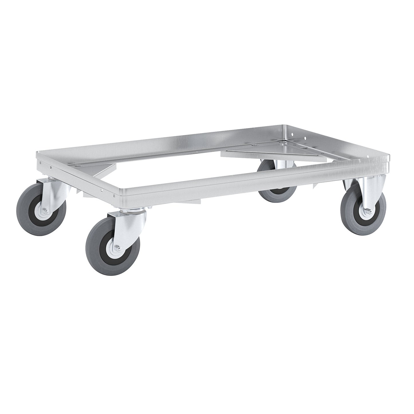 Aluminium dolly, loading height 150 mm, internal LxW 575 x 370 mm, without handle bar.