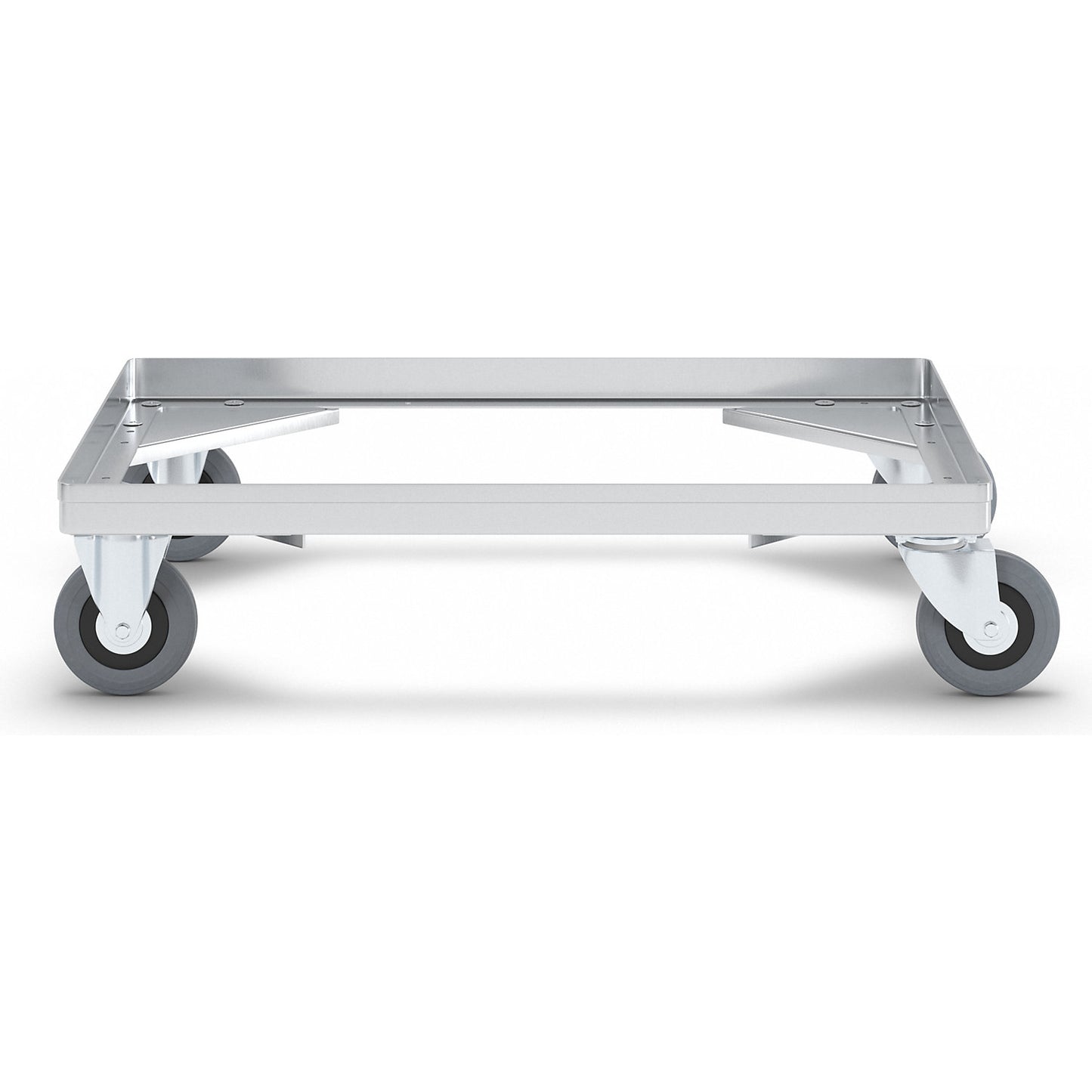 Aluminium dolly, loading height 150 mm, internal LxW 642 x 424 mm, without handle bar.