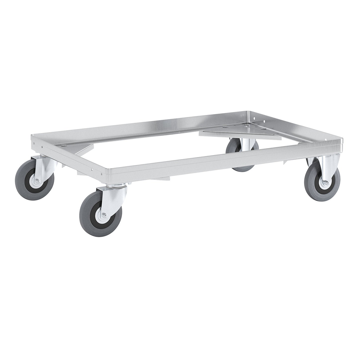 Aluminium dolly, loading height 150 mm, internal LxW 642 x 424 mm, without handle bar.