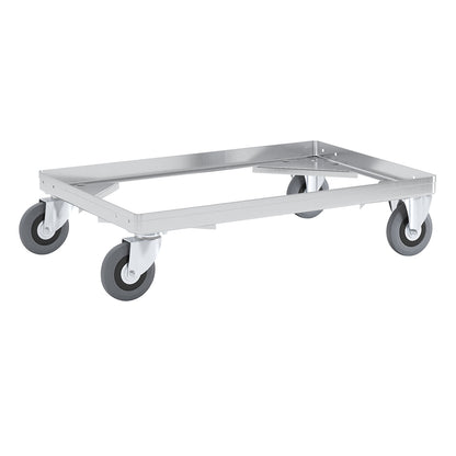 Aluminium dolly, loading height 150 mm, internal LxW 642 x 424 mm, without handle bar.