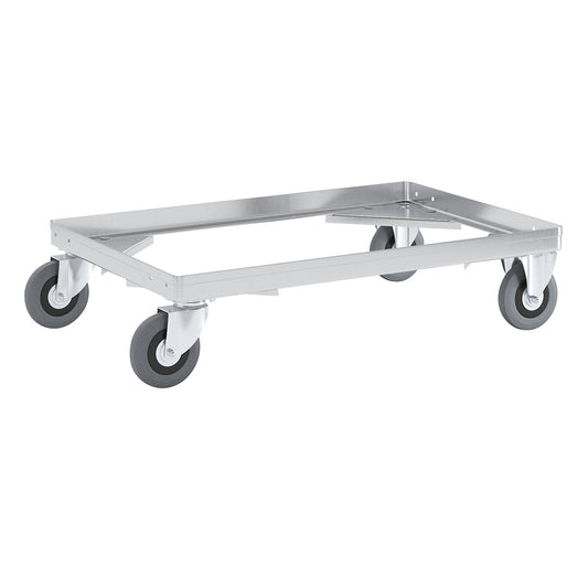 Aluminium dolly, loading height 150 mm, internal LxW 642 x 424 mm, without handle bar.