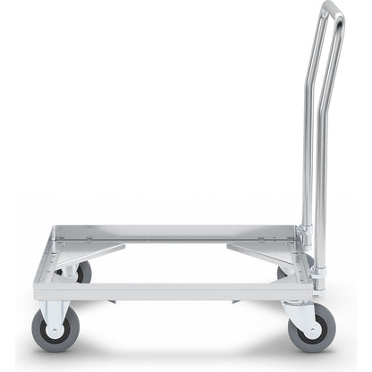 Aluminium dolly, loading height 150 mm, internal LxW 575 x 370 mm, with handle bar.