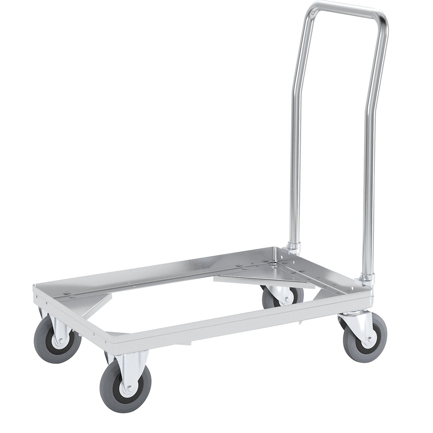 Aluminium dolly, loading height 150 mm, internal LxW 575 x 370 mm, with handle bar.