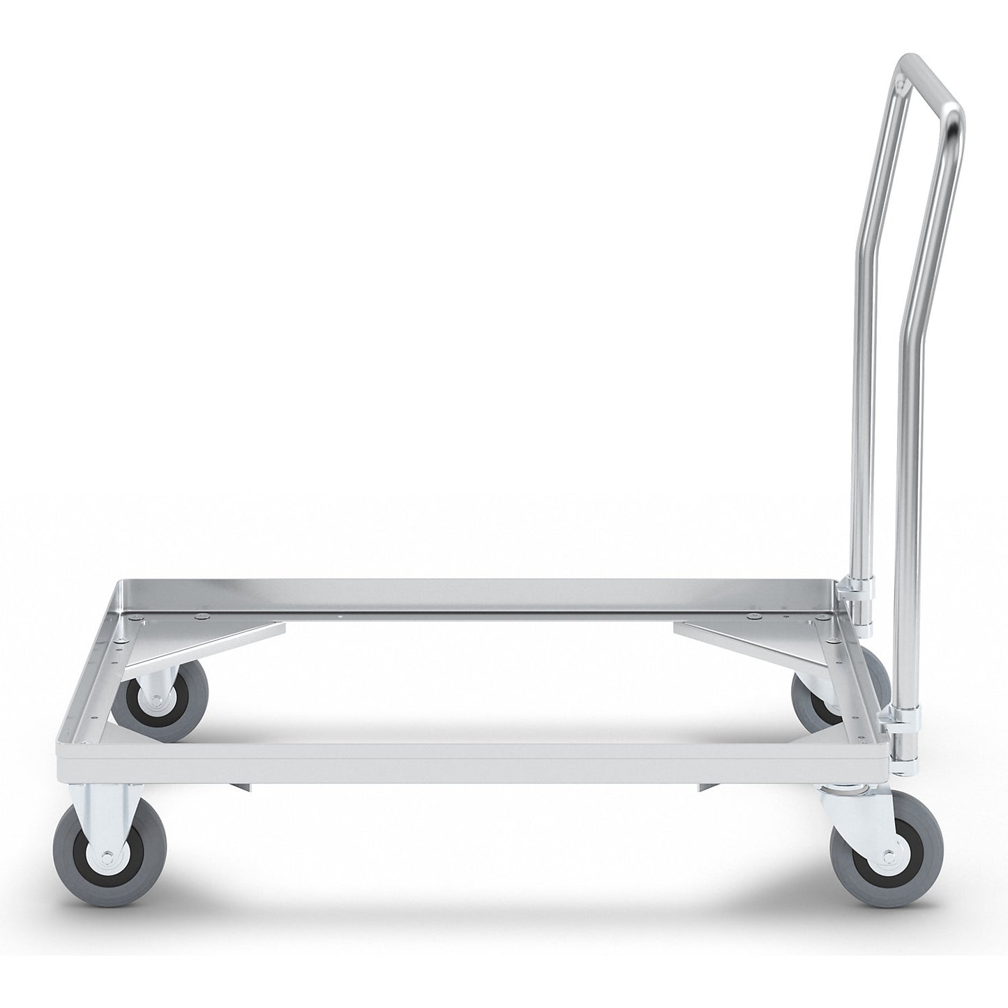 Aluminium dolly, loading height 150 mm, internal LxW 724 x 459 mm, with handle bar.
