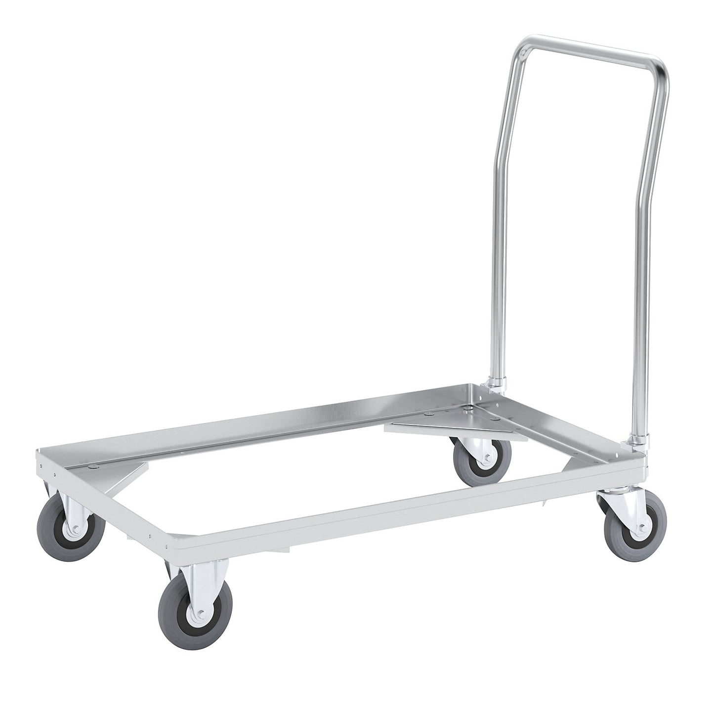 Aluminium dolly, loading height 150 mm, internal LxW 724 x 459 mm, with handle bar.