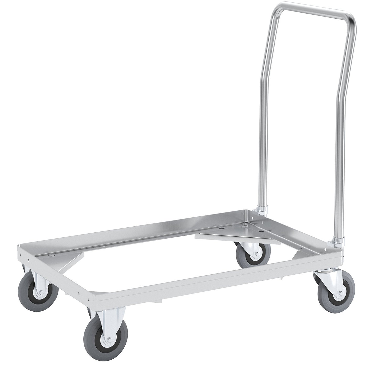 Aluminium dolly, loading height 150 mm, internal LxW 642 x 424 mm, with handle bar.