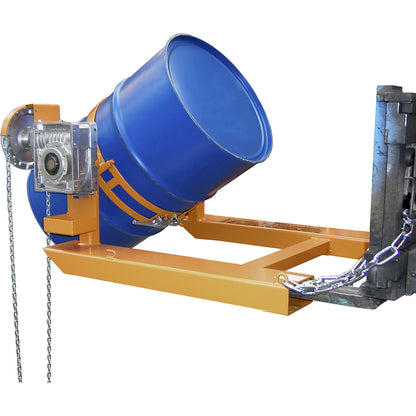 Drum tilting unit, for forklift operation, with chain loop, painted yellow orange.
