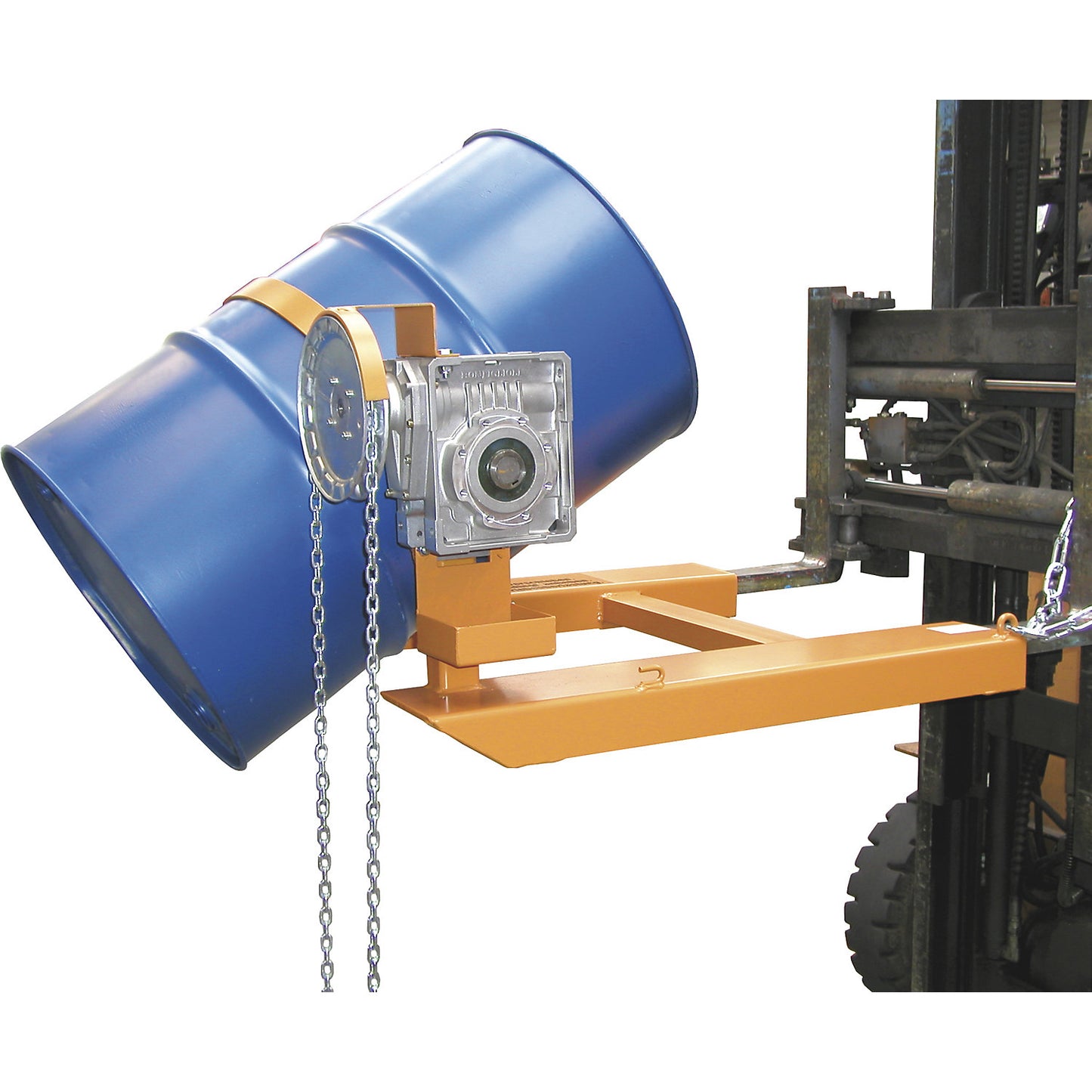 Drum tilting unit, for forklift operation, with chain loop, painted yellow orange.