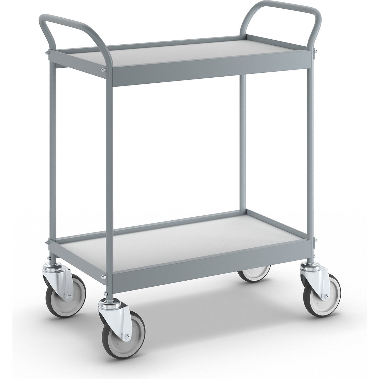 Serving trolley, platform 658 x 338 mm, max. load 75 kg, 2 shelves, 4 swivel castors.