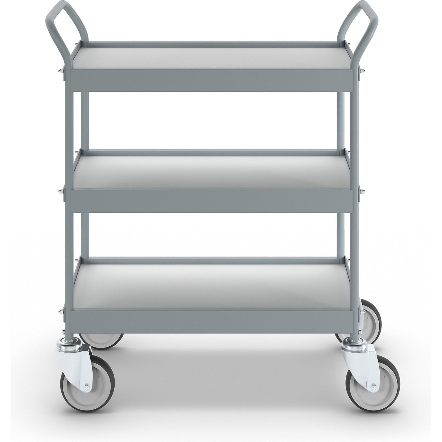 Serving trolley, platform 658 x 338 mm, max. load 75 kg, 3 shelves, 4 swivel castors.