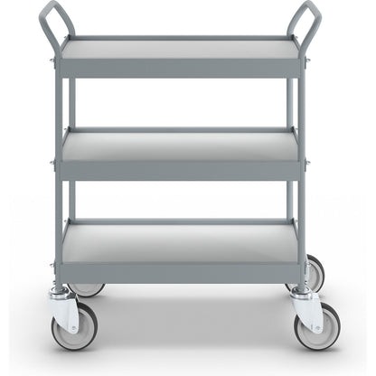 Serving trolley, platform 658 x 338 mm, max. load 75 kg, 3 shelves, 4 swivel castors.