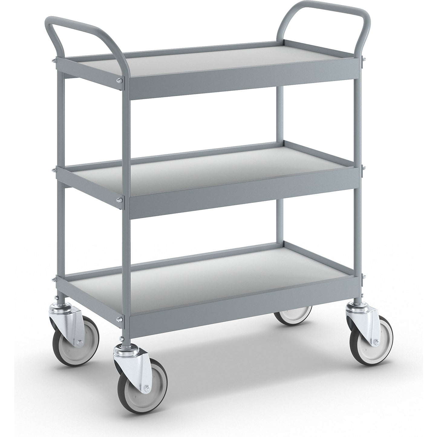 Serving trolley, platform 658 x 338 mm, max. load 75 kg, 3 shelves, 4 swivel castors.