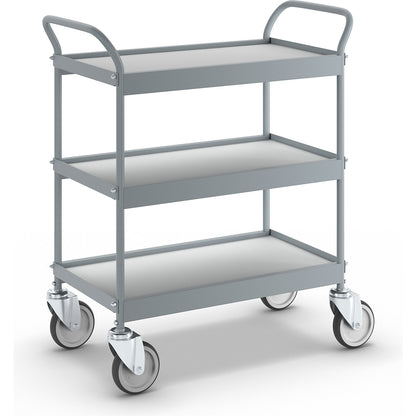 Serving trolley, platform 658 x 338 mm, max. load 75 kg, 3 shelves, 4 swivel castors.