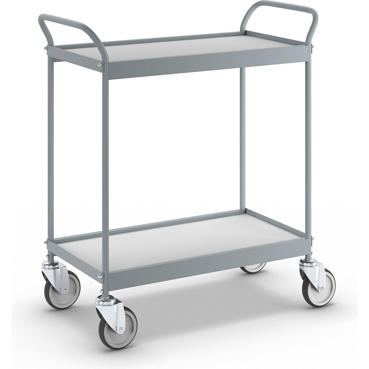 Serving trolley, platform 790 x 465 mm, max. load 75 kg, 2 shelves, 4 swivel castors.