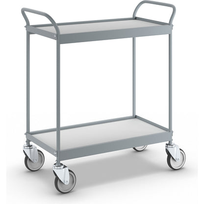 Serving trolley, platform 790 x 465 mm, max. load 75 kg, 2 shelves, 4 swivel castors.