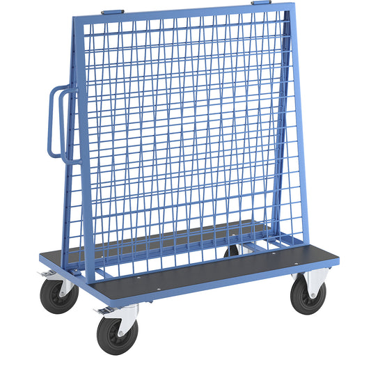 Tool and supplies trolley made of steel, max. load 500 kg, with 2 mesh panels for hook-on holders.