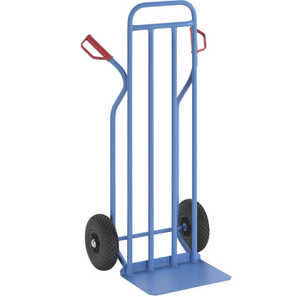 Steel sack truck, XXL model: extra large footplate, pneumatic tyres.