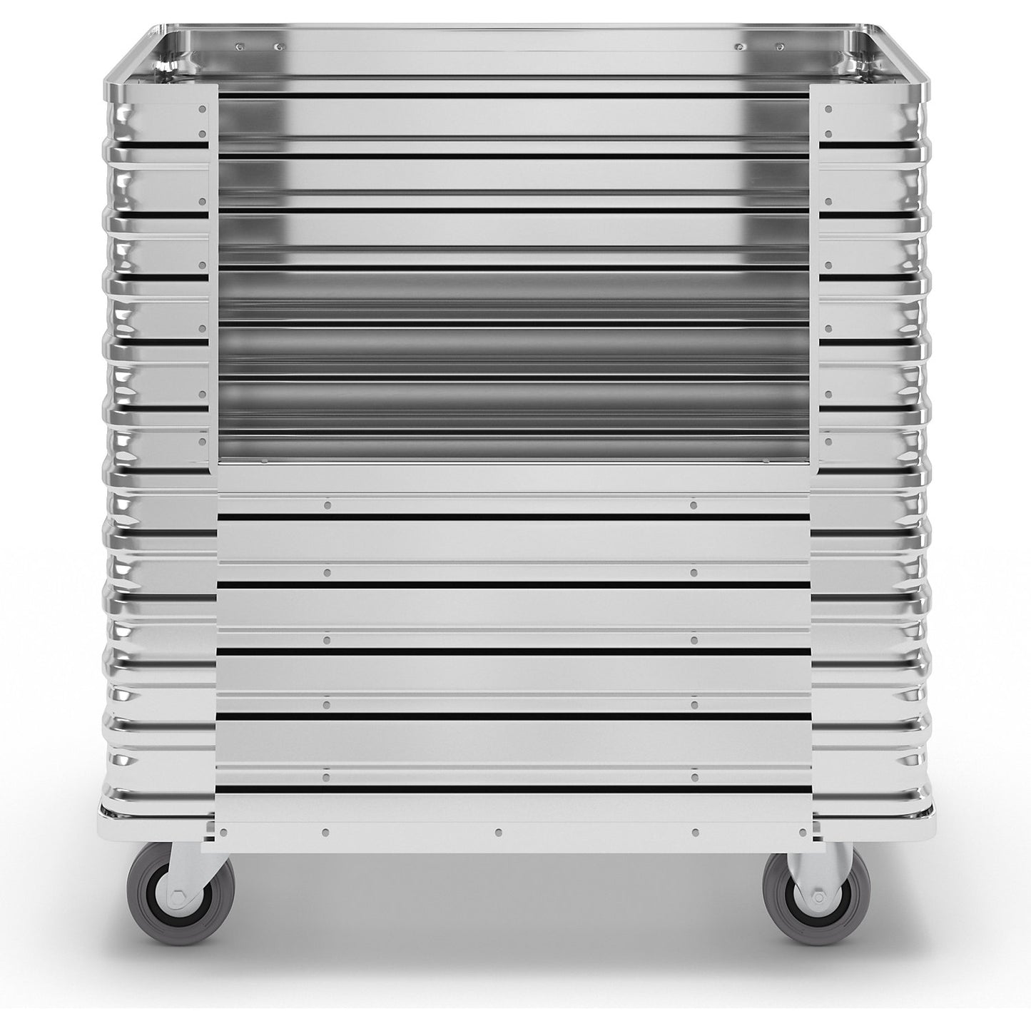 Aluminium box trolley, capacity 350 l, one side with half drop gate.