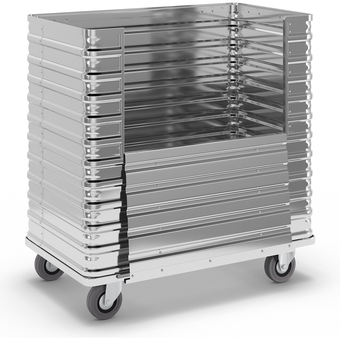 Aluminium box trolley, capacity 350 l, one side with half drop gate.