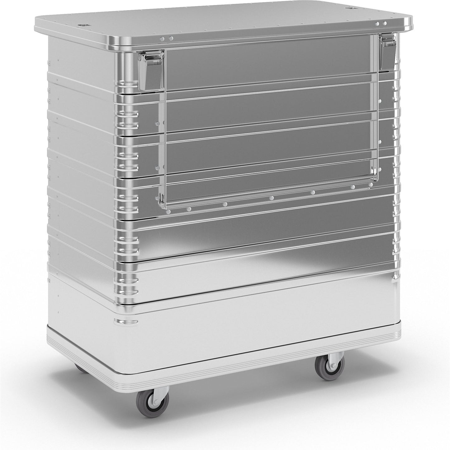 Aluminium box trolley, capacity 1050 l, with half drop gate on side panel.