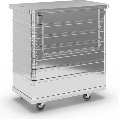 Aluminium box trolley, capacity 1050 l, with half drop gate on side panel.