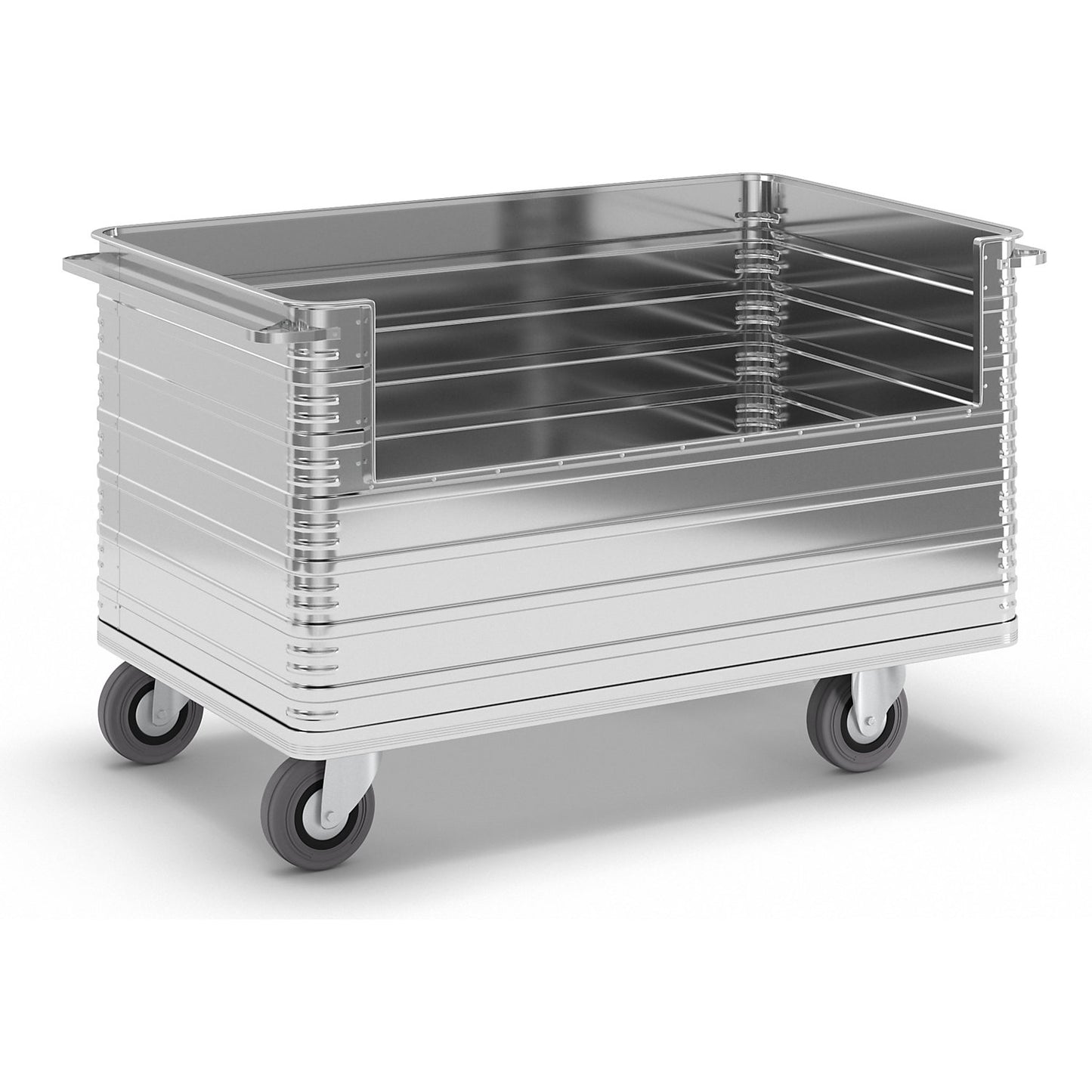 Aluminium box trolley, capacity 945 l, with 250 mm deep cut-out in side panel.