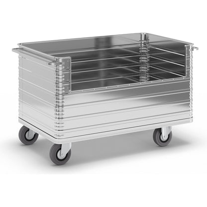 Aluminium box trolley, capacity 945 l, with 250 mm deep cut-out in side panel.