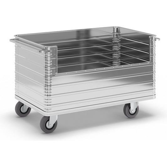 Aluminium box trolley, capacity 945 l, with 250 mm deep cut-out in side panel.